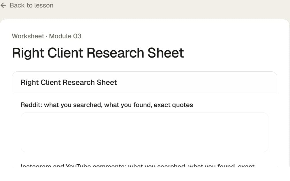 The Right Client Research Sheet worksheet